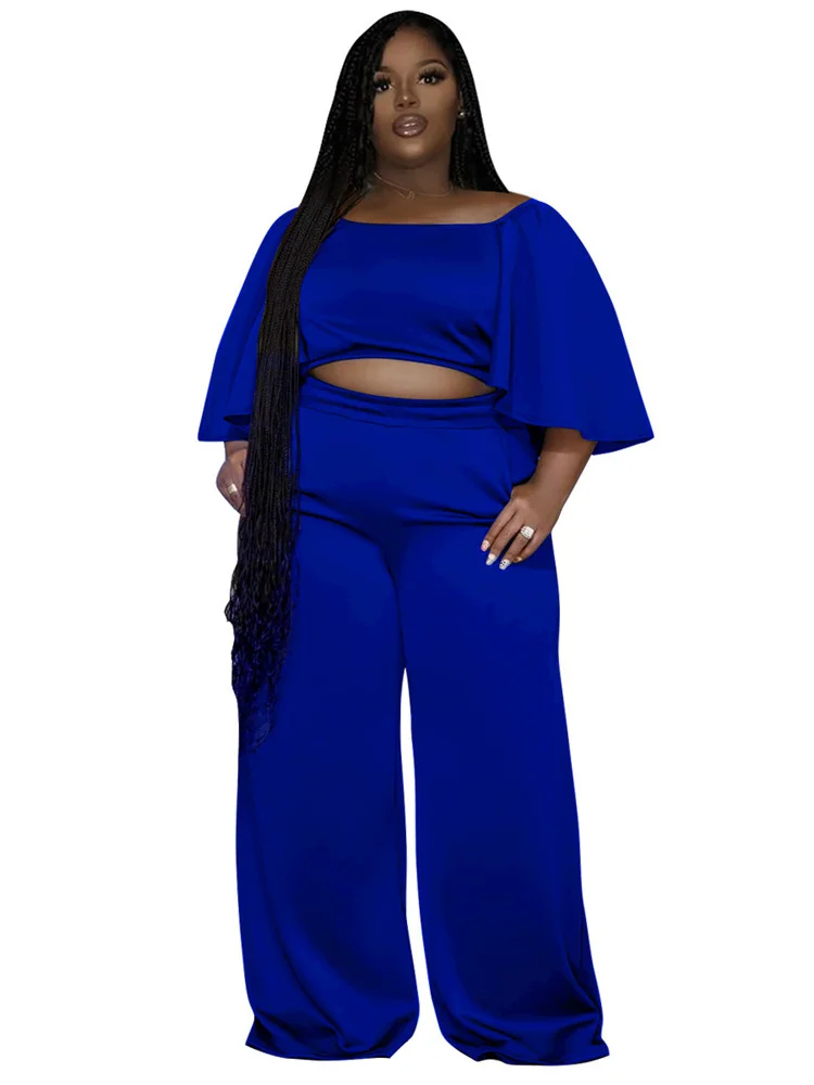 Plus Size Two Piece Sets Women Clothing Solid Off Shoulder Tops and Pants Wide Leg Matching Set Wholes 3xl 4xl 5xl 6xl