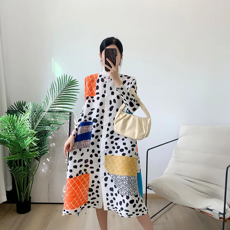 

Плиссированная куртка в горошек, новинка весны, куртка с воротником-стойкой, Свободный кардиган большого размера для женщин