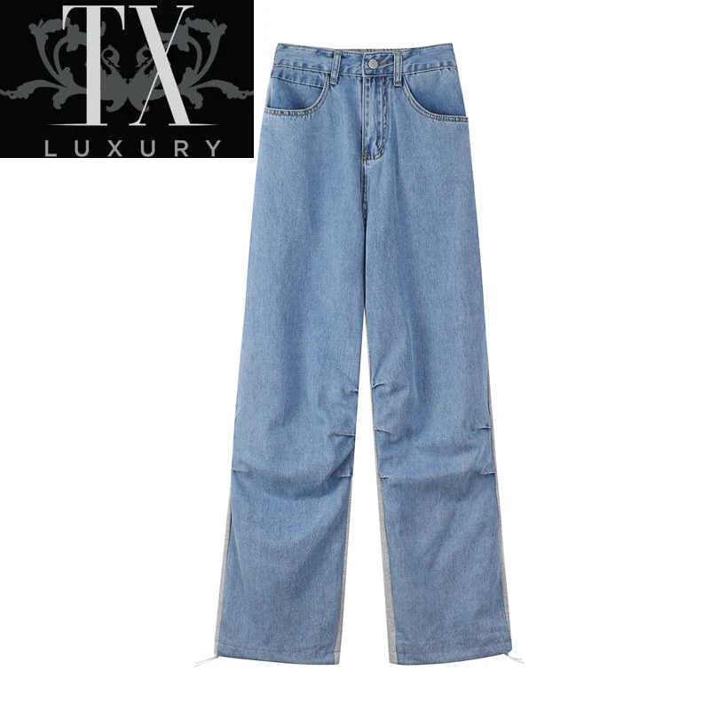 

Women's Jeans Korean High Waist Loose Autumn Design Patchwork Pleated Casual Wide Leg Pants Baggy Denim Long Trouser Female