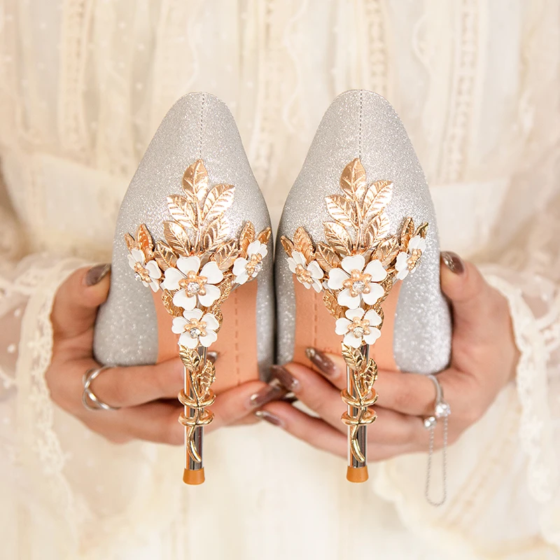 Flower Luxury Women's Pumps Pointed Toe High-Heeled Women Party Shoes Sexy Bride Wedding Shoes 10cm High Heels Ladies Stilettos