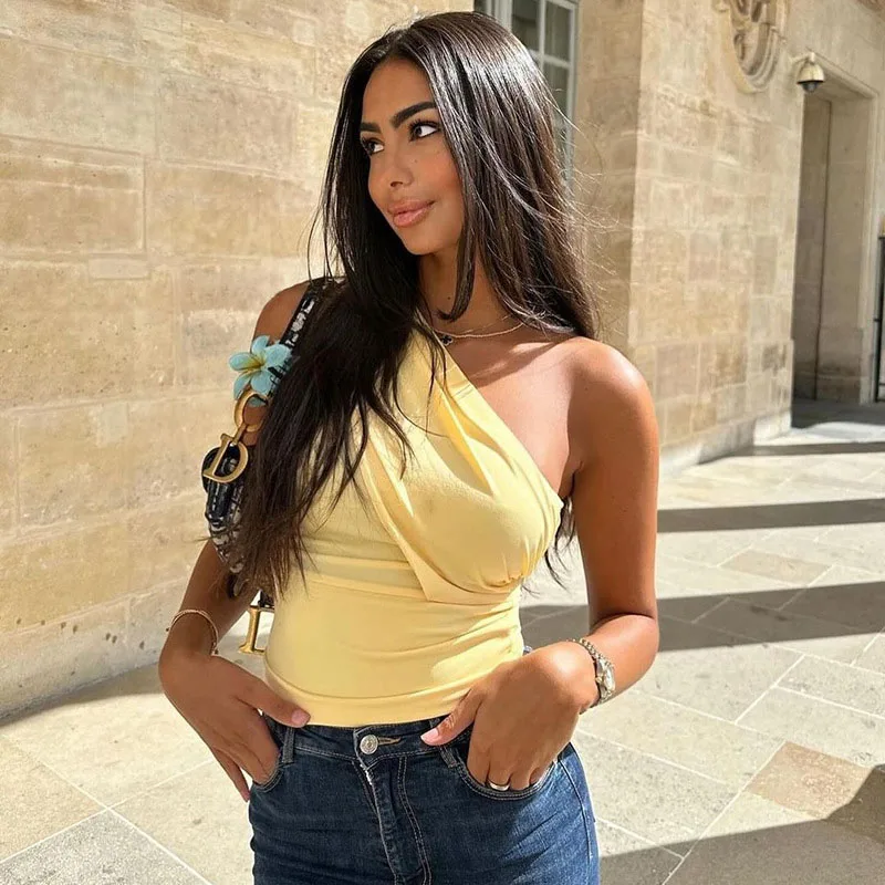 Y2K Casaul однотонная летняя женская футболка пуловер с вырезом на одно плечо