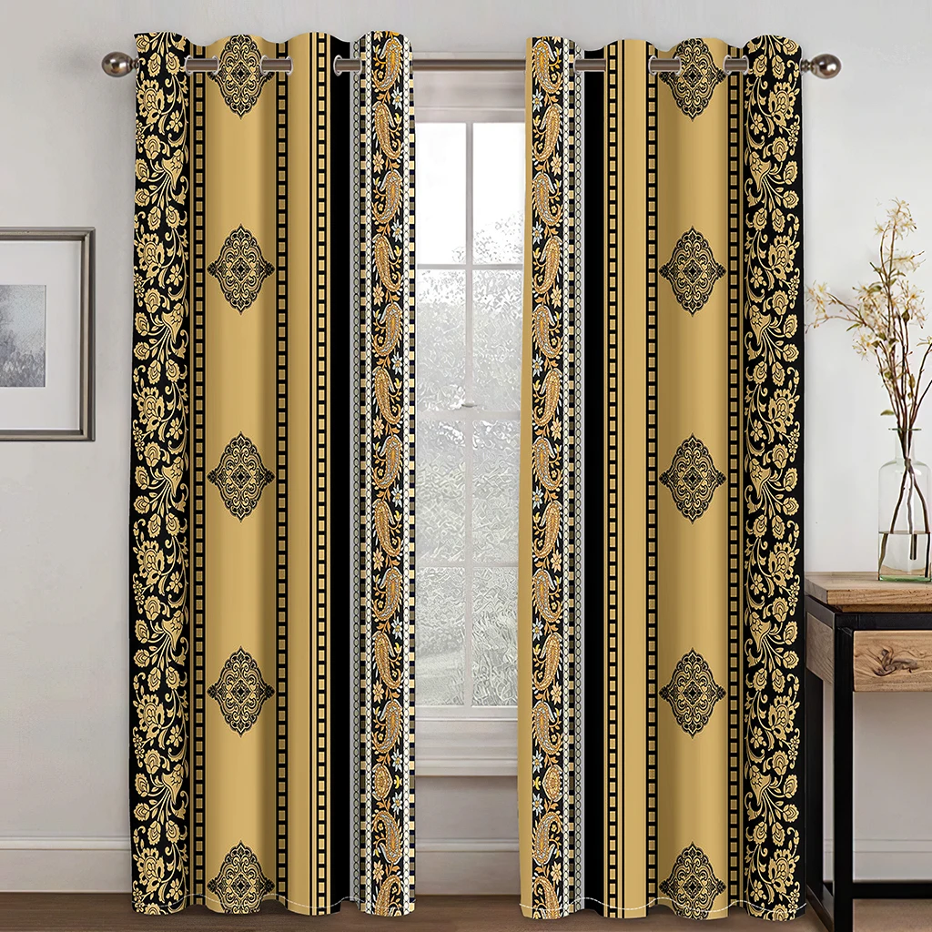 

Custom Cheap Modern Luxury Brands Design Baroque Black Gold 2 Pieces Free Shipping Window Curtain For Living Room Bedroom Decor