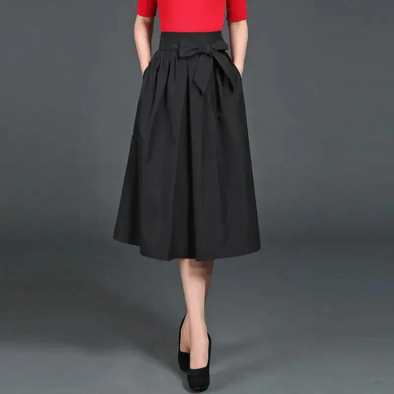 

2022 Spring Summer Women's Fashion Loose A-line Skirts Female High Waist Bow Skirts Ladies Solid Color Big Swing Skirts I244