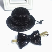small dog black sequined cylinder top hat with bow tie set costume pet festive travel beauty decor collar accessories