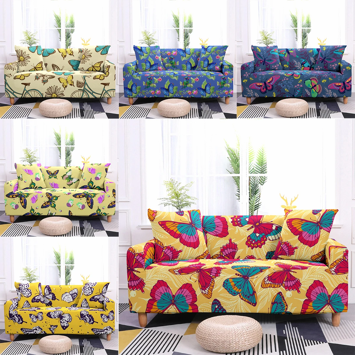 

Butterfly Printing Sofa Cover Removable Washable Spandex Elastic Sectional Corner Sofa Slipcover For Living Room 1/2/3/4-seater