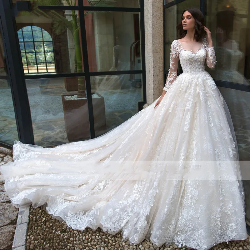 

Glamorous Lace Appliques Princess Ball Gown Wedding Dresses 2023 Scoop Neck Long Sleeve Wedding vestidos de novia