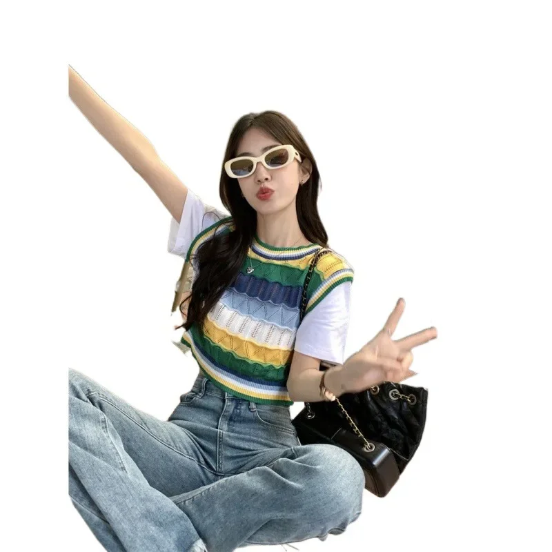 Иллюзионная футболка с круглым вырезом и цветными блоками полосатая вязаная