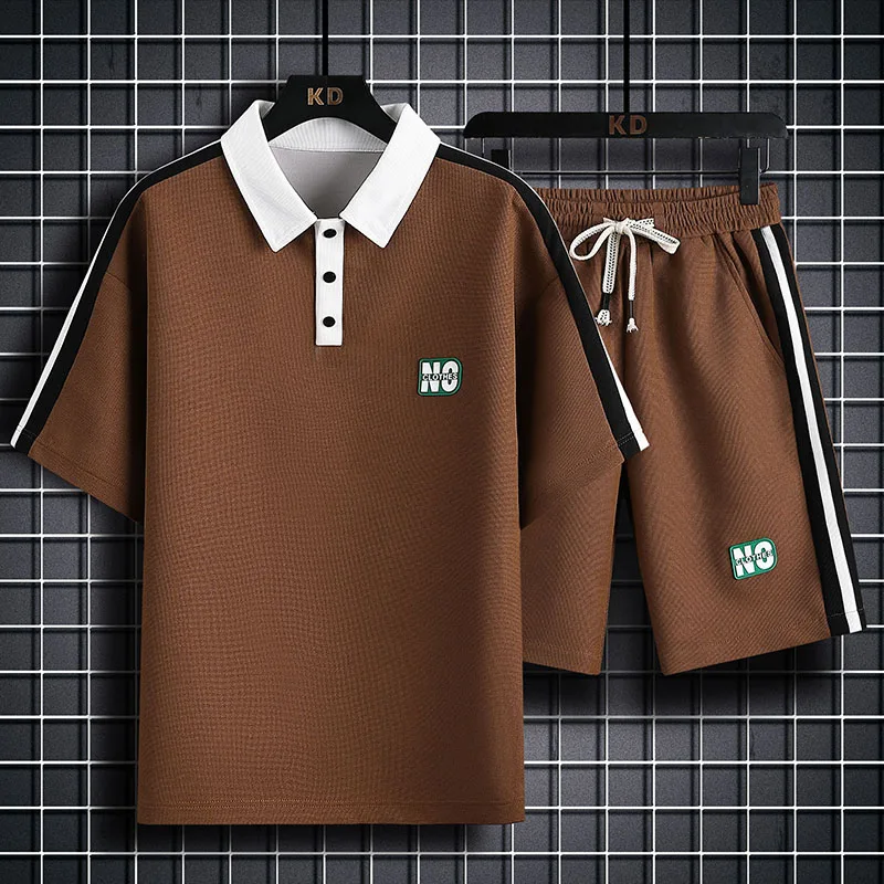 Summer Waffle Men's Sport Suit Summer Casual Polo Shirt Short Sleeve Shorts Fashion Brand Men's Clothing 2023 New