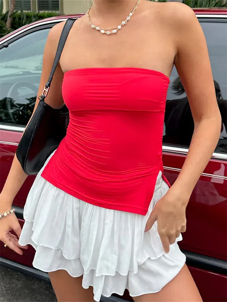 Женские топы-трубы однотонные топы без бретелек с разрезом летние укороченные