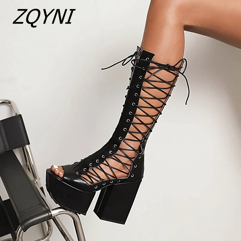 

Summer 2022 Rome hollow out sandals sexy lace up nightclub thick heel pole dance high-heeled fish mouth women's shoes