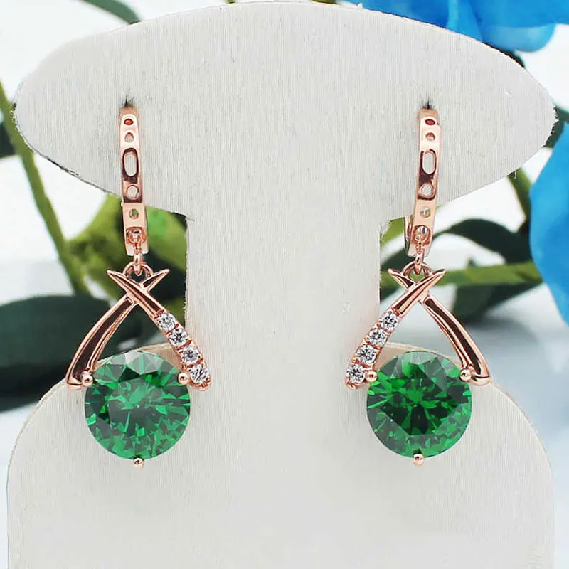 

585 purple gold plated 14k rose gold inlaid crystal green gem earrings for women fashion geometric elegant wedding jewelry