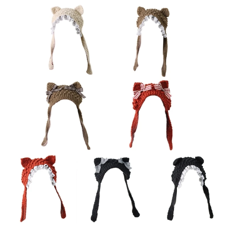 

2023 New Cute Daily Beanie Knit Hats Lovely Warm Winter Caps Animal Ears Design Lace Decorations Headwear for Adults Teens
