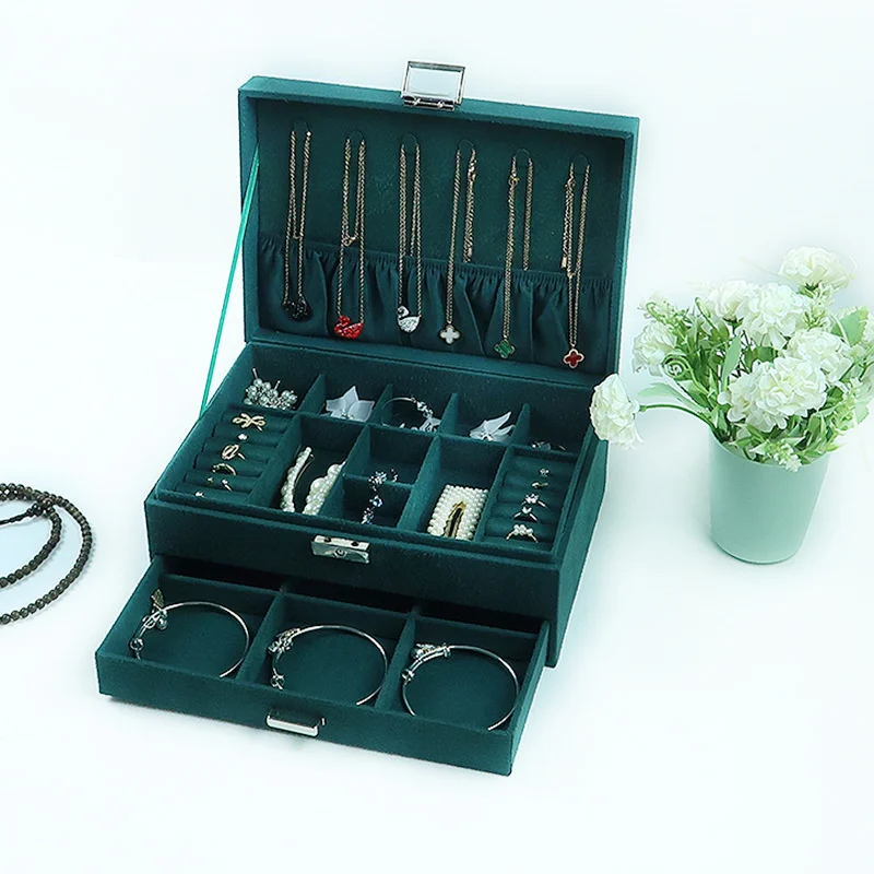Vintage dark green jewelry box elegant Large capacity jewelry earrings ring jewellery storage boxes necklace organizers storage