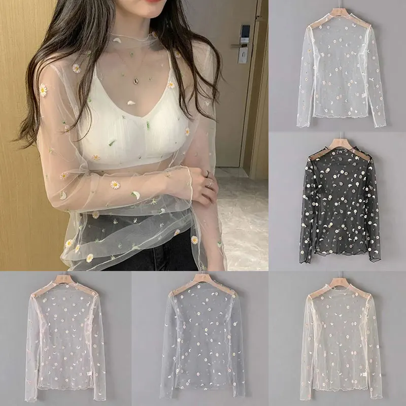 

Women Lace Tops Summer Sexy Lace Mesh Sheer T Shirt Slim Ladies Turtleneck Daisy Tees See Through Long Sleeve Floral Shirts