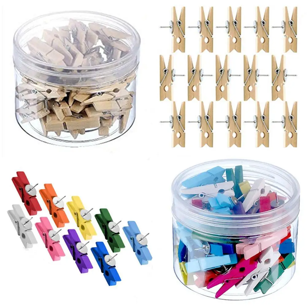 

50pcs Wooden Clips With Pushpins Tacks Thumbtacks Decorative Craft For Notes Photos Cork Boards Craft Projects
