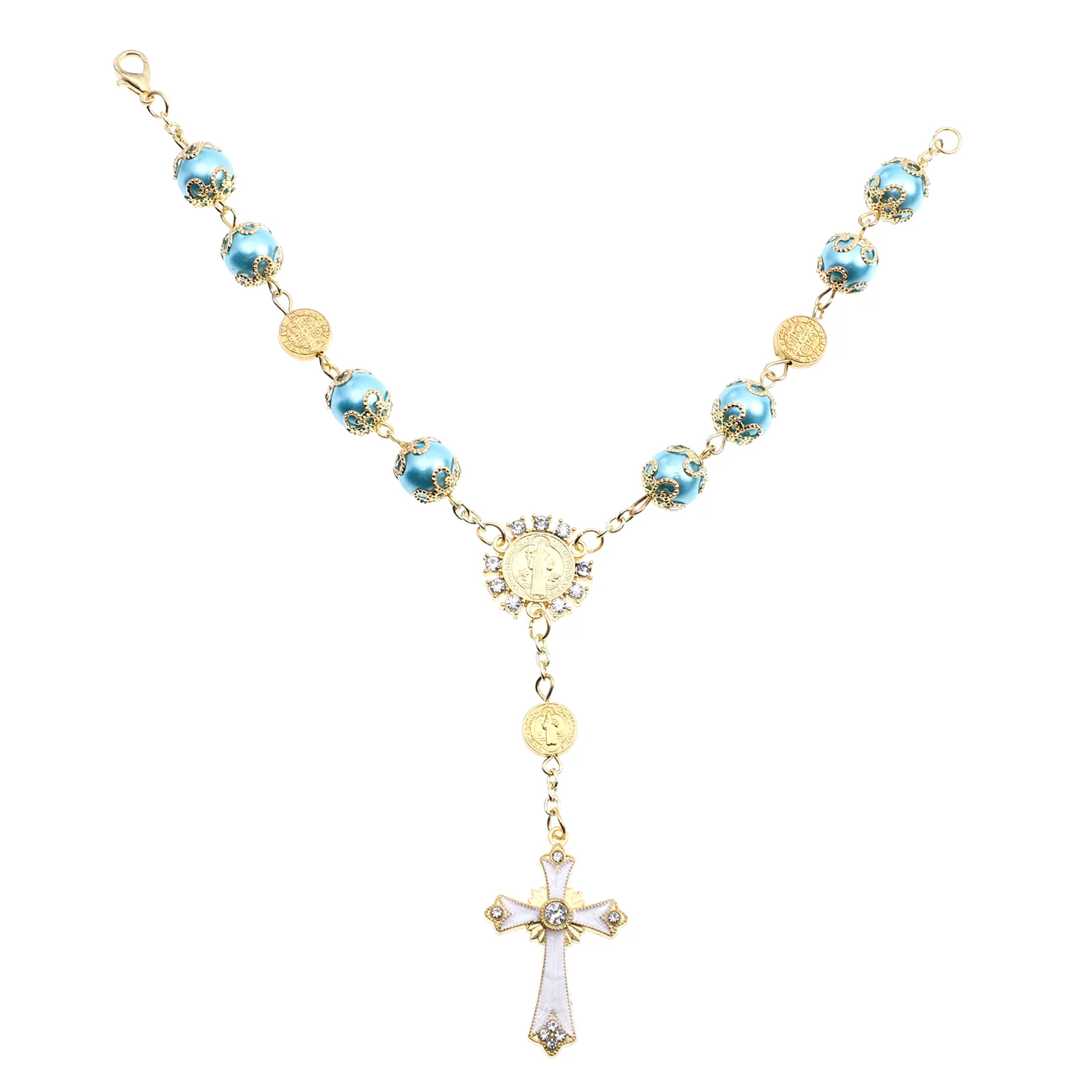 

1pc Catholic Cross Bracelet Retro Wrist Chain Glass Rosary Alloy Bracelet
