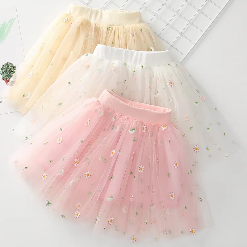 2022 Summer New Infant Girls Floral Embroidered Mesh Tutu Skirt Kids Faldas Soft Tulle Miniskirt for Girls Dance Skirt 2-8T