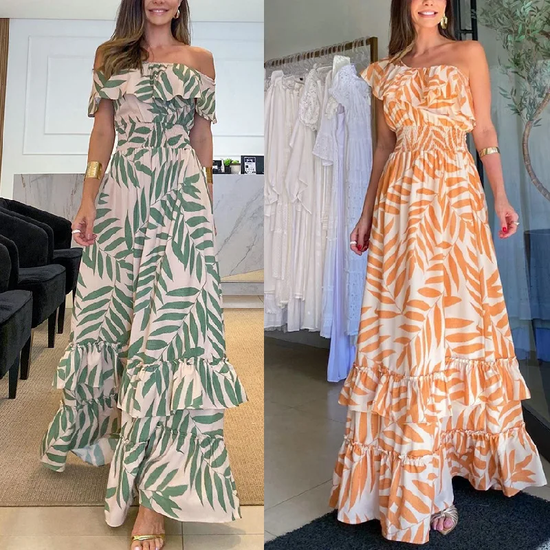 

Summer women's print with an elasticated neckline waistband and a maxi holiday dress sexy dress