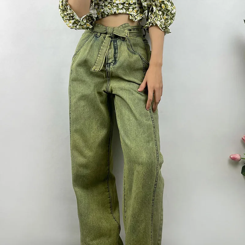 

Women Y2K Vintage Patchwork Lace Up High Waist Cargo Pants 2022 Spring Female Fashion Casual Wide Leg Streetwear Denim Trousers