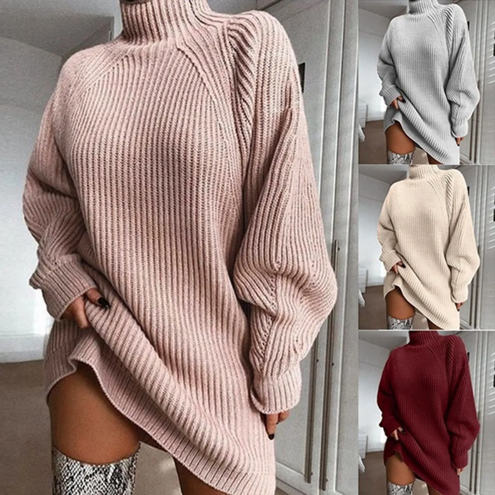 

Women Winter Oversized Sweater Dress Solid Long Pullover Mock Neck Warm Tops
