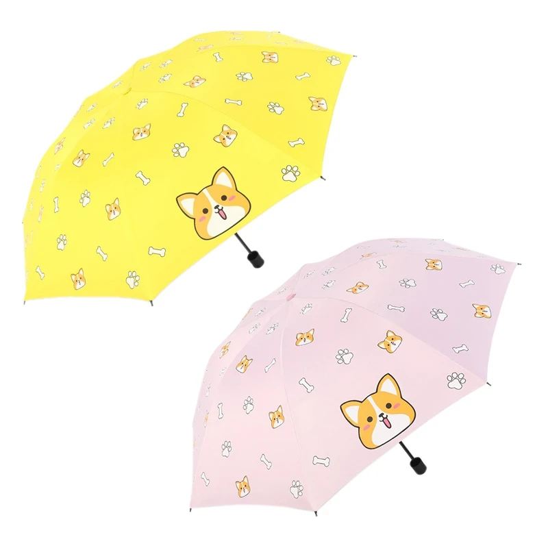 

2PCS Fashion Cartoon Lovely Dog Corgi Umbrella for Women UV Rainproof Umbrella Parasol Rain Umbrellas, Yellow & Pink
