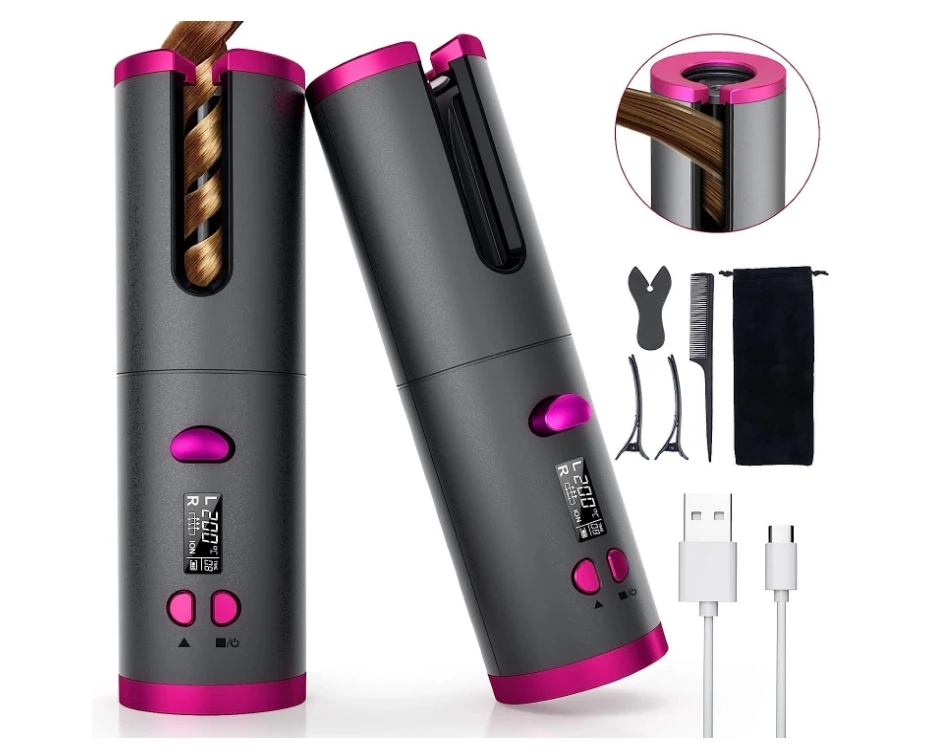 

Automatic Curling Iron with LCD Display Adjustable Temperature & Timer, Portable Rechargeable Rotating Ceramic Barrel