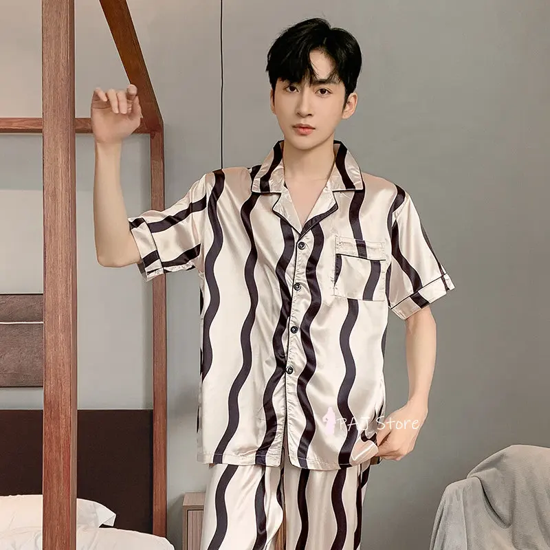 Men Sleepwear Silk Satin Pijama Set Pajama Sets Short Sleeve Sleep Home Clothes Man 2 Pieces Sets Home Suits Pyjamas L-5XL