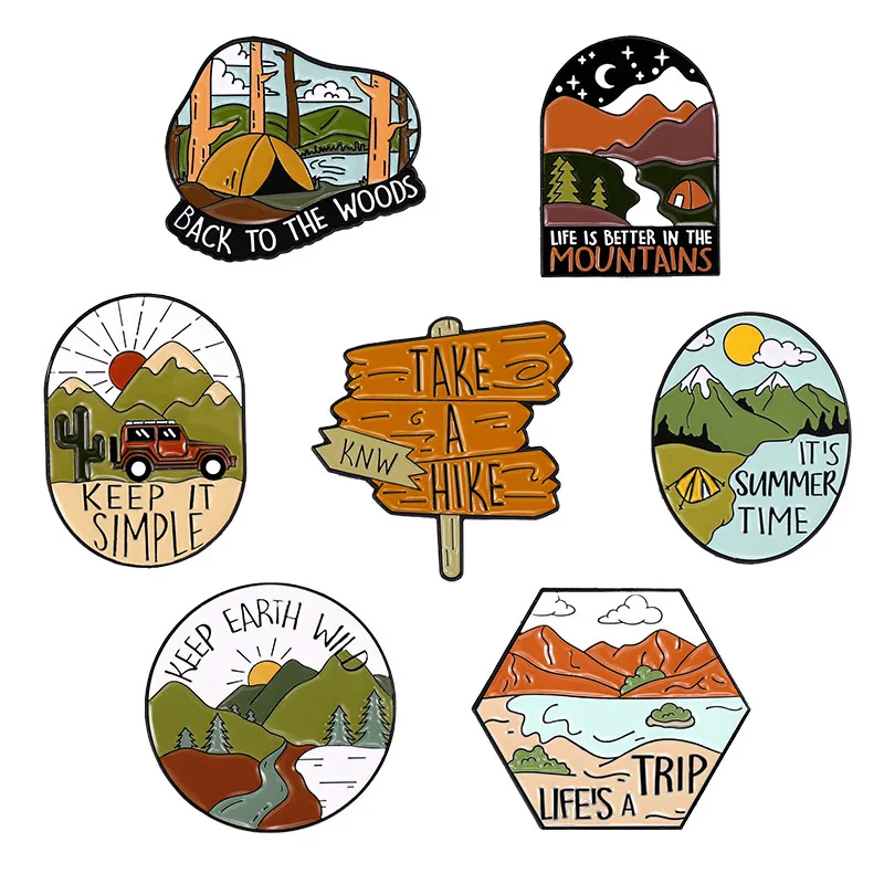 

Outdoor Tourism Series Enamel Brooch Signboard Mountain Lake Forest Wooden House Metal Badge Tourism Commemoration Pin Gift