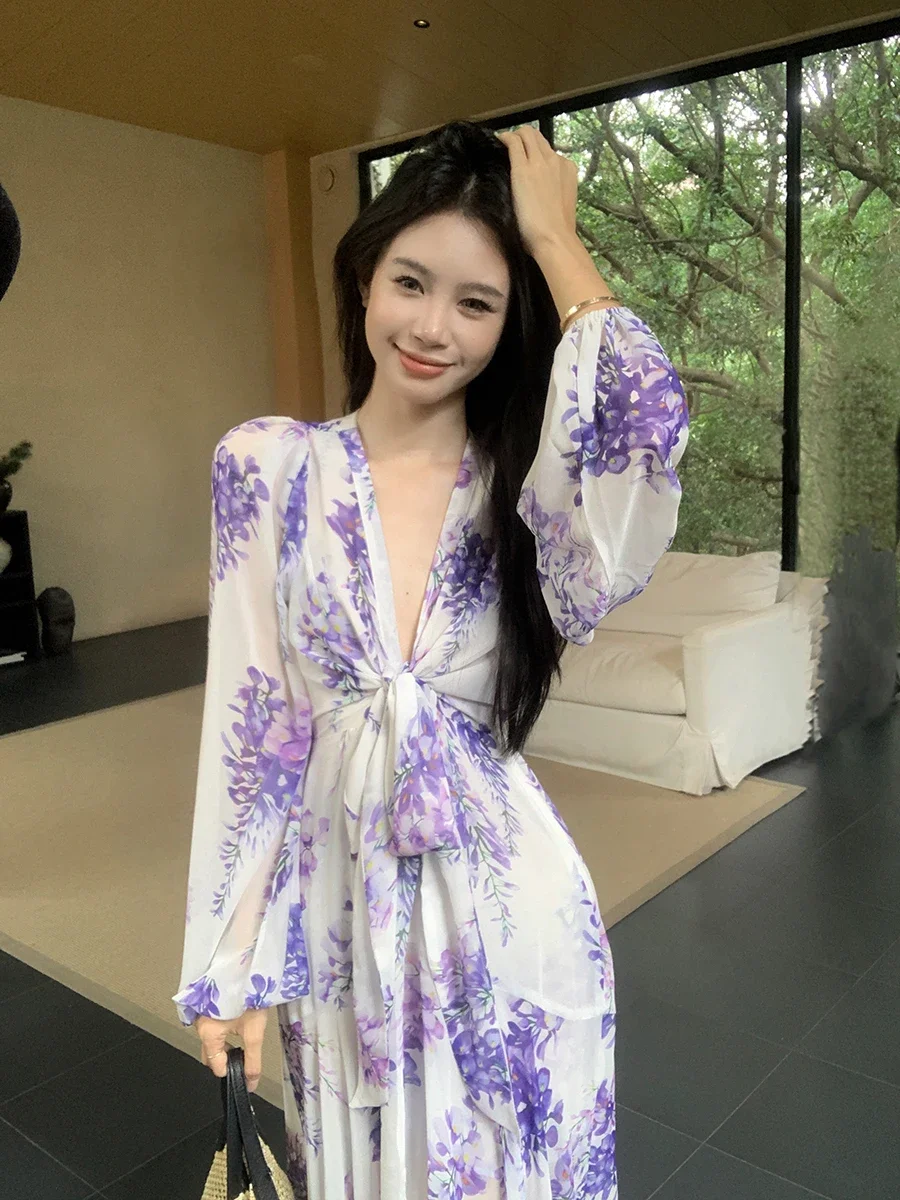 Gaganight женское фиолетовое высококлассное платье с V-образным вырезом принтом 2024