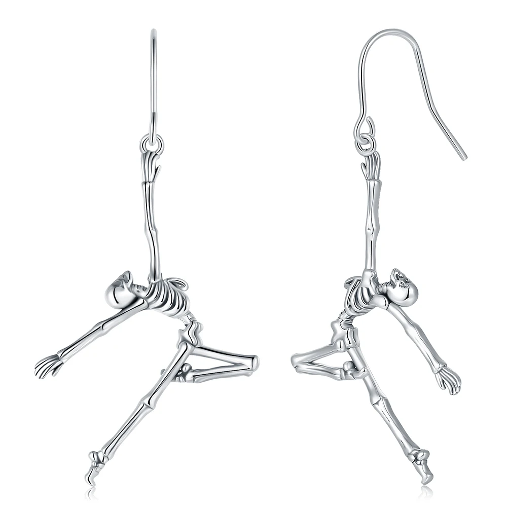 

925 Sterling Silver Dance Skeleton Bone Skull Earrings Dangle Halloween Christmas Day Gothic Hip Hop Jewelry Gift for Girl Women