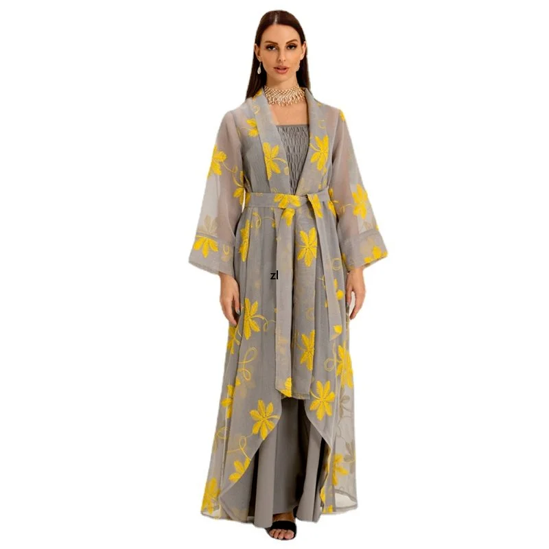 Elegant Casual Women's Dresses Abayas For Women Muslim 2 Pieces Set Mesh Floral Embroidery Lace Belted Kaftan Dress Moroccan