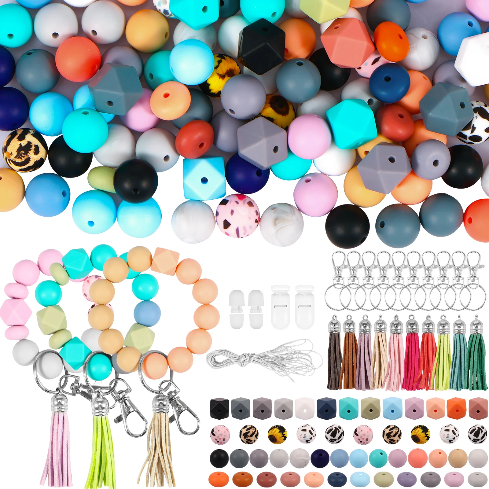 

235Pcs Silicone Beads Bulk Kit Multiple Styles and Shapes 14mm Flat Beads Fashion 15mm Round Beads Colorful 14mm Octagonal Beads
