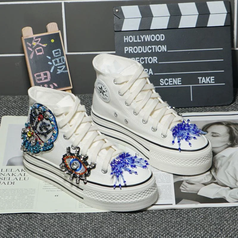 

High-top canvas shoes handmade DIY women's rhinestone beaded thick-soled casual shoes lace-up sneakers walking sneakers 35-40