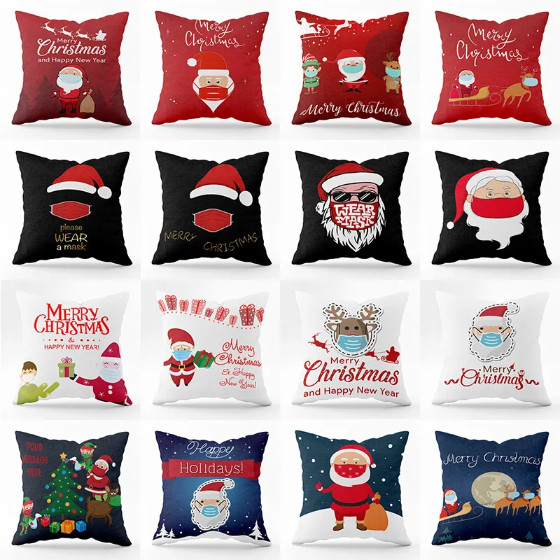 

Hot Sale New Christmas Pillow Cover Santa Claus Wearing Mask Sofa Cushion Square Print Pillow Cover