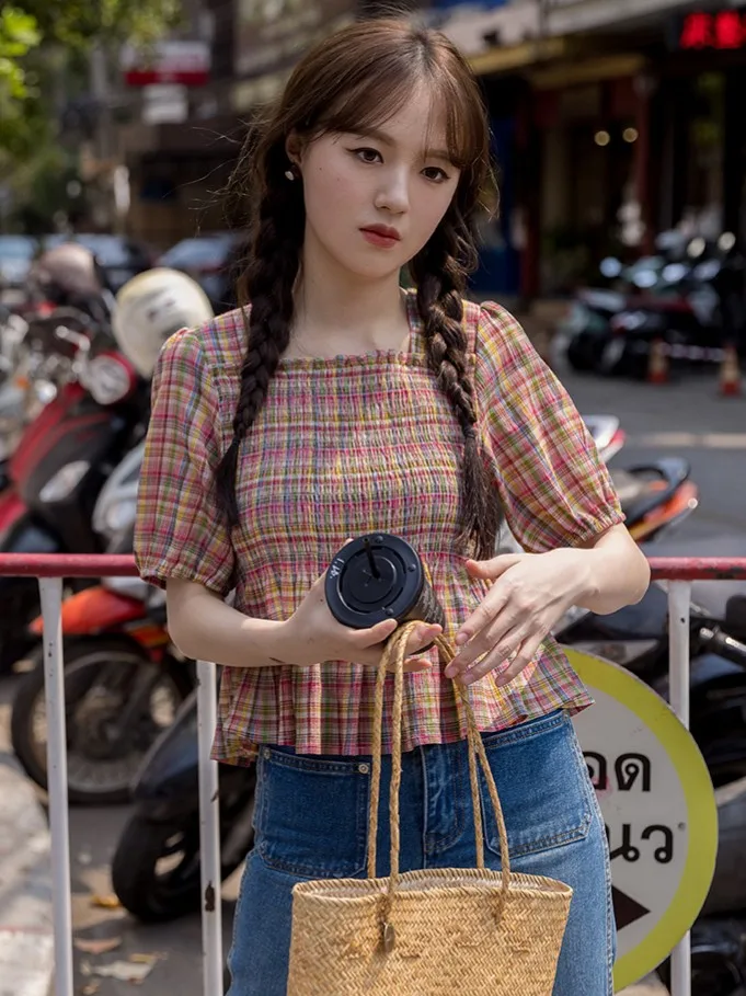 Корейская мода летние эластичные радужные клетчатые топы новая винтажная