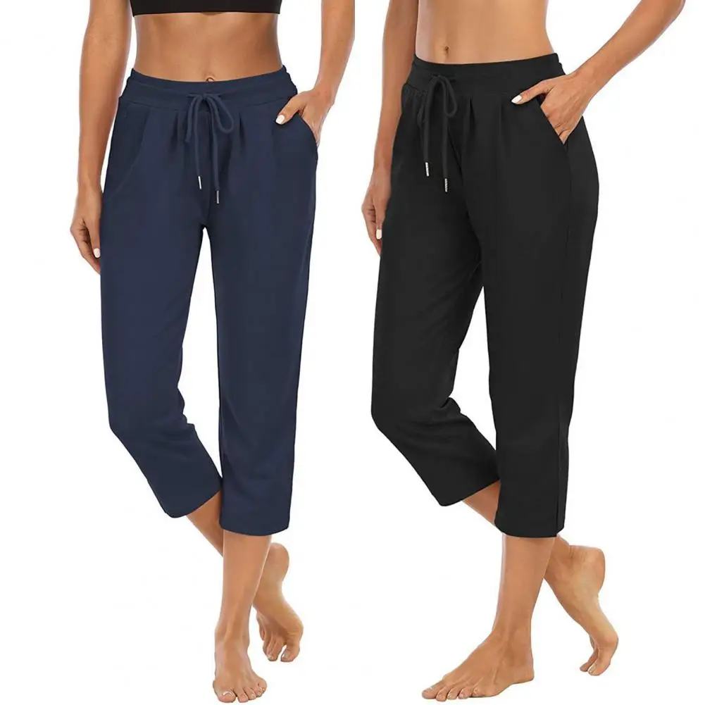 

Fashion Cropped Trousers Bottoms Pockets Summer Solid Color Drawstring 3/4 Pants Capri Pants Sweat Absorbent