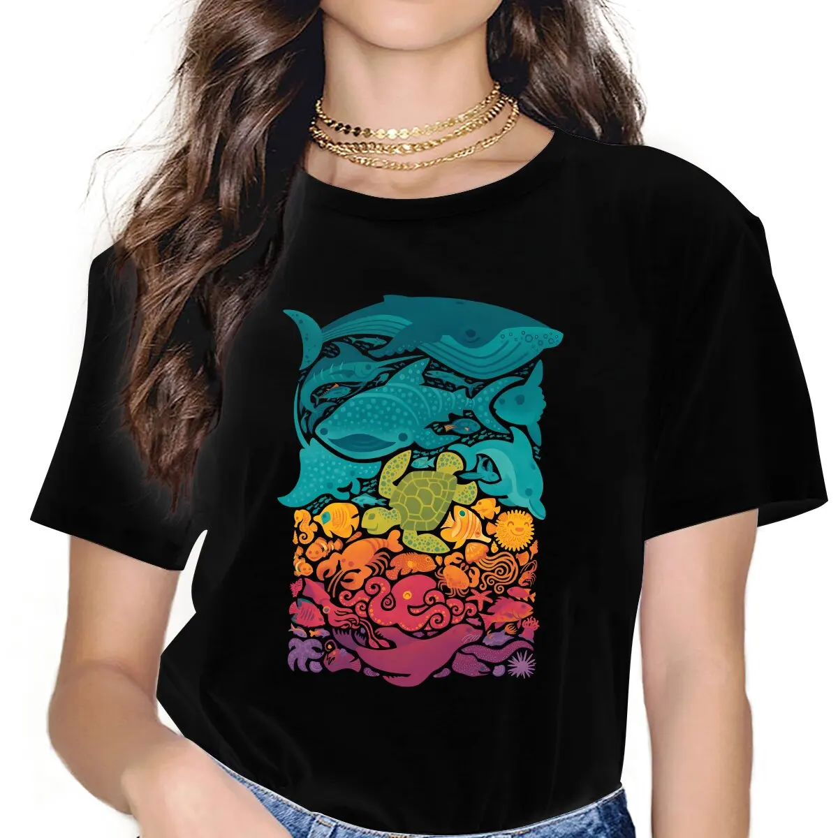 

Animal One Hundred Fish Aquatic Spectrum T Shirt Vintage Graphic Women's Polyester Tshirt O-Neck