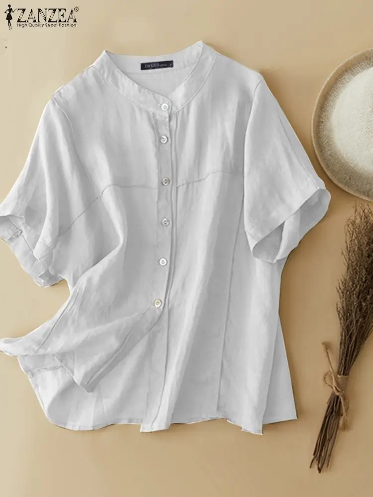 

Летние топы с коротким рукавом, женская рубашка с воротником-стойкой ZANZEA, модная однотонная блузка, свободная офисная туника, топ, элегантные блузы на пуговицах