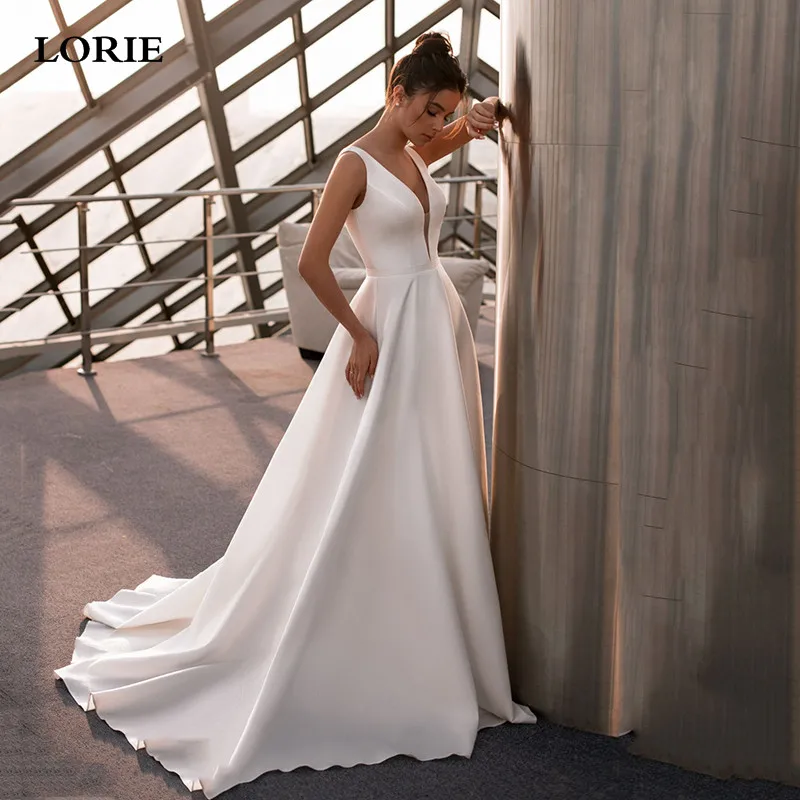 

LORIE Simple Satin Wedding Dress Sexy V Neck Elegant Beach Bride Dresses Backless Wedding Party Dress Long Train 2022