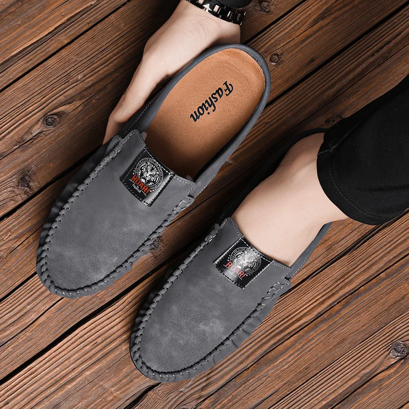 

Super Cool Half slippers for Men Black Pu Leather Men Shoes Brand Fashion Casual Men Shoes Half Drag Flats Shoes Mens Size 39-44