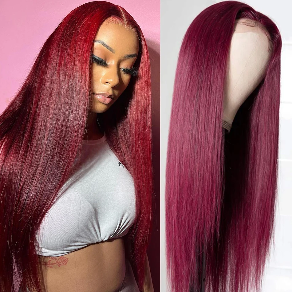 Burgundy Straight Lace Front Wigs Pre Plucked With Baby Hair 30 Inch Transparent 4x4 Closure 13x4 Lace Frontal Human Hair Wig
