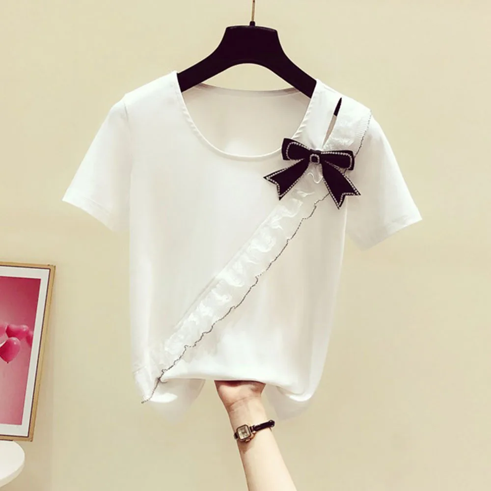 

Summer European Style Cotton Ruffles T-Shirt Chic Sexy Skew Collar Bowknot Patch Diamonds Women Tops Short Sleeve Tees