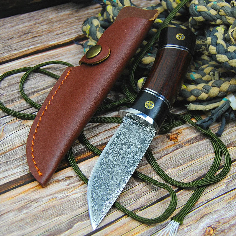 Дамасский сандаловый уличный прямой нож для охоты на открытом воздухе в