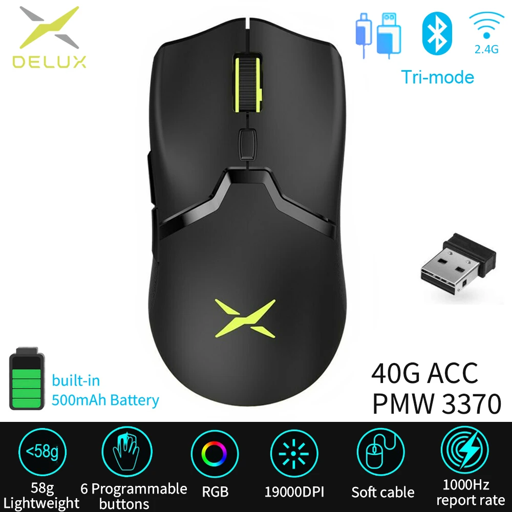 Delux M800 Pro Paw3370 Óptico Bluetooth sem Fio Gaming Mouse 19000 Dpi Programável Recarregável Ergonômico com Fio Ratos para pc