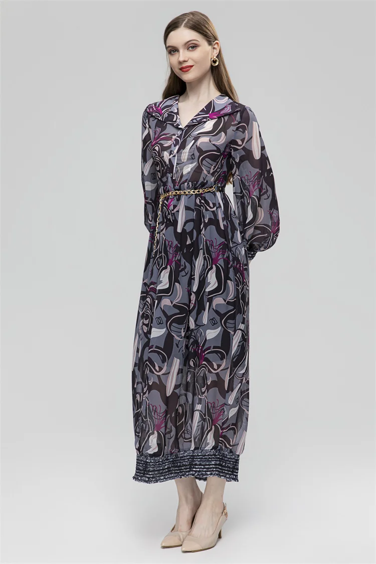 

Женское модельное однобортное платье, длинное платье с отложным воротником и рукавами-фонариками, винтажное платье с принтом, весна-лето 2023