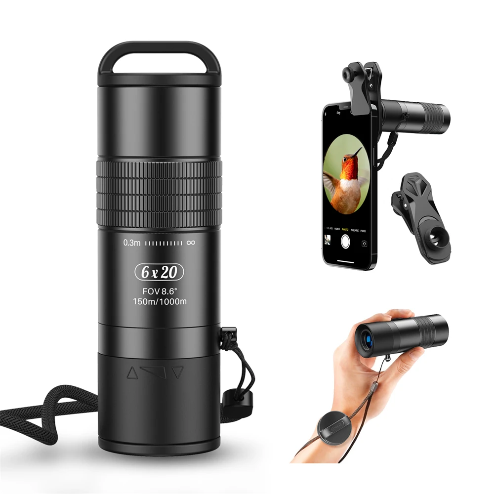 

APEXEL 6X20 HD Monocular Telescope with Smartphone Adapter Lightweight BAK-4 Prism FMC Lens for Hunting Camping Hiking Travel