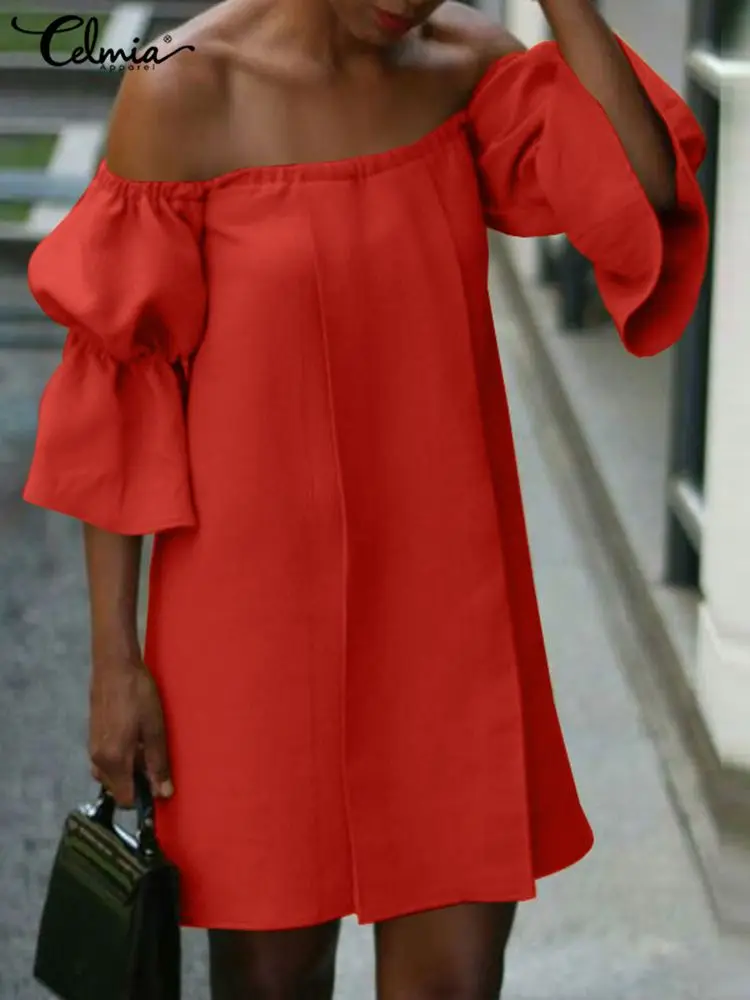 

Celmia Cotton Women Sundress 2022 Summer Solid Color Mini Dress Sexy Off Shoulder Pleats Party Vestidos Short Puff Sleeve Robes