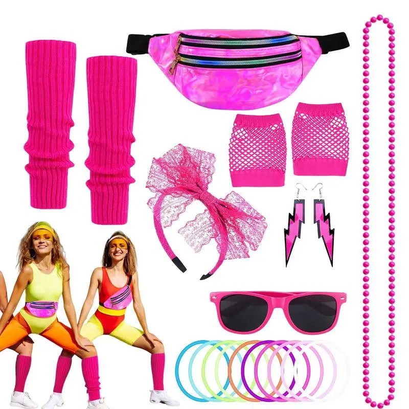 

Неоновые костюмы для косплея в стиле 80-х, необычный костюм, юбка-пачка, гетры, перчатки и бусины, для Хэллоуина, детский и взрослый подарок