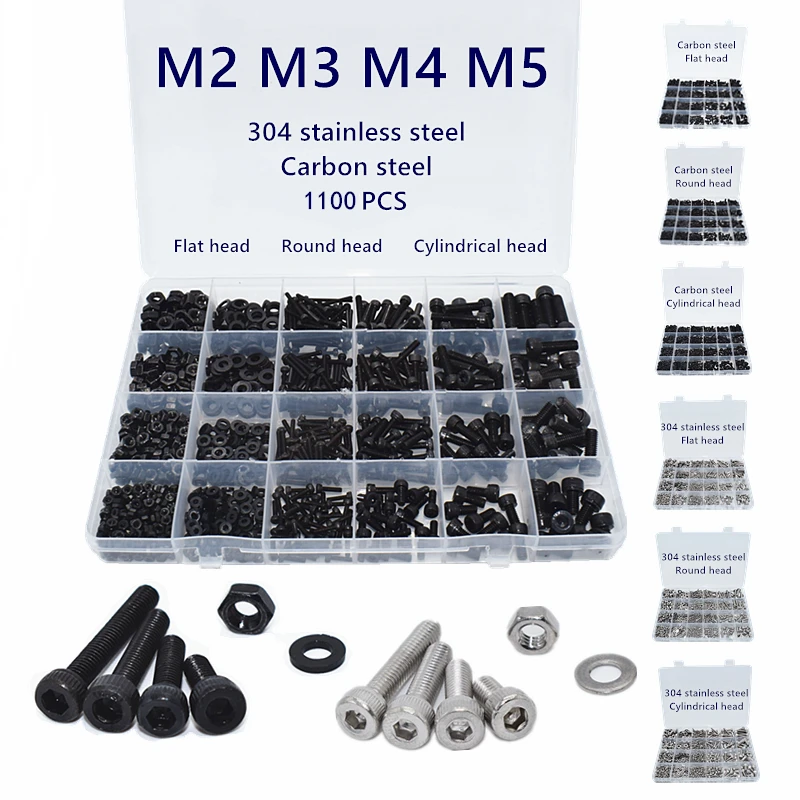 

Boxed Screws M2 M3 M4 M5 M6 304 Stainless Steel Hexagon Hex Socket Cap Head Screw Bolt Nut Set Black Carbon Steel Assortment Kit