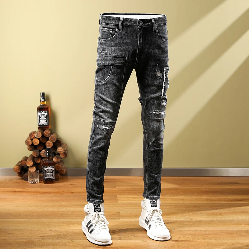High Street Fashion Men Jeans Retro Black Gray Stretch Skinny Fit Ripped Jeans Men Pocket Designer Patched Hip Hop Pants Hombre